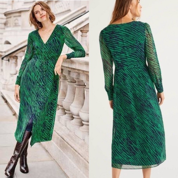 BODEN HAZEL SAFARI HIGHLAND GREEN ZEBRA BUTTON DOWN SHEER SLEEVE LONG MIDI DRESS - Picture 1 of 16